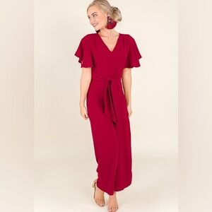 Entro Red V-Neck Jumpsuit with Flutter Sleeves